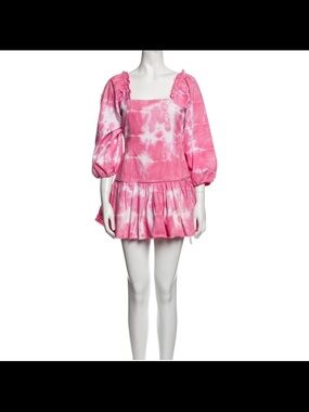LoveShackFancy Pink Tie-Dye Mini Dress with Puff Sleeves